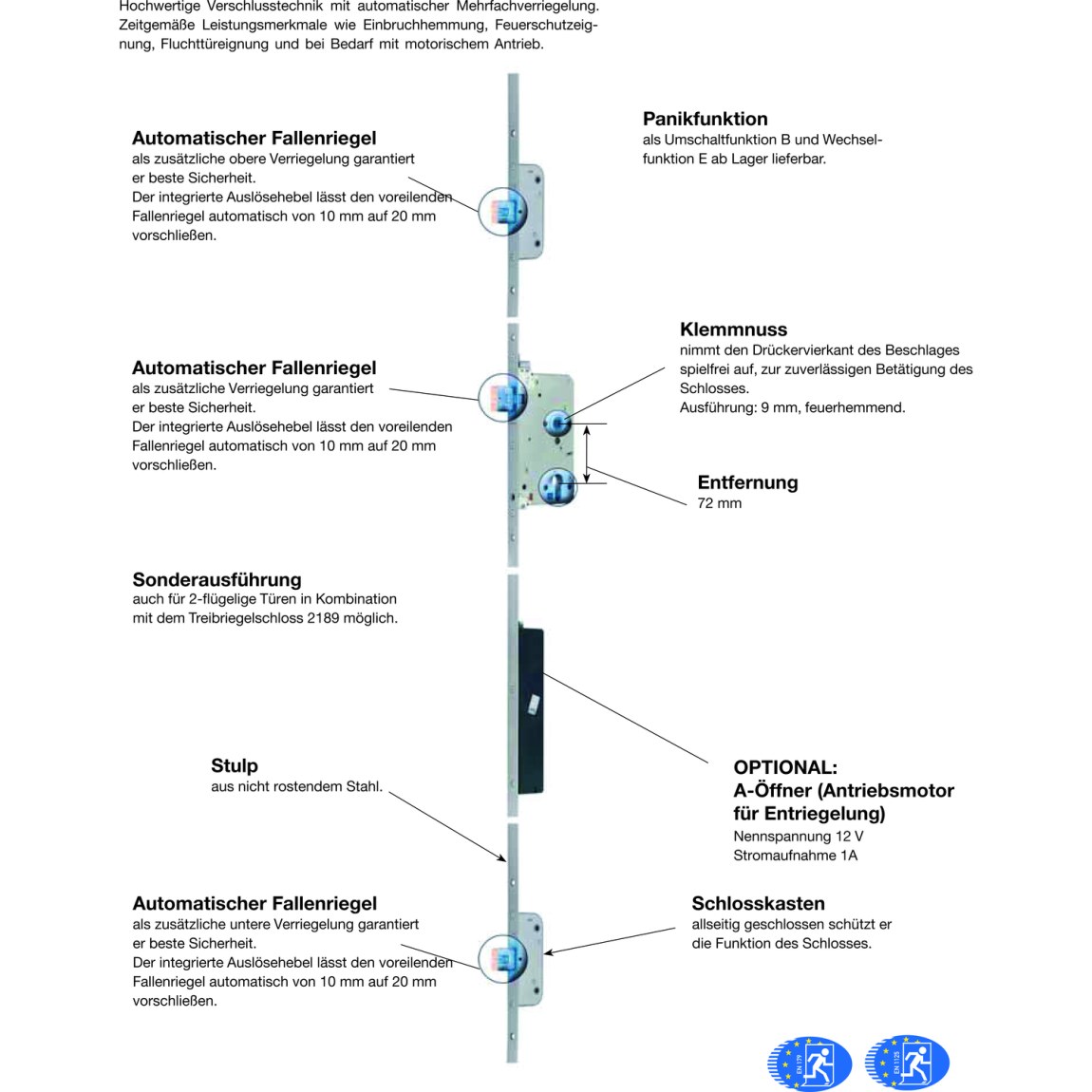 Vícebodový zámek únikových dveří Secury Automatik 1křídlý funkce E,hranatý,nerez