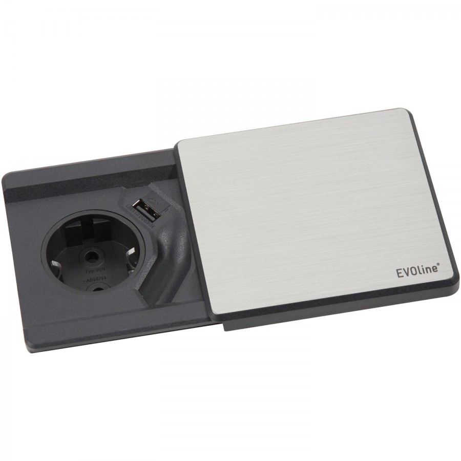 EVOline Square 80 Schuko s nabíječkou USB + QI-nabíječka, nerez